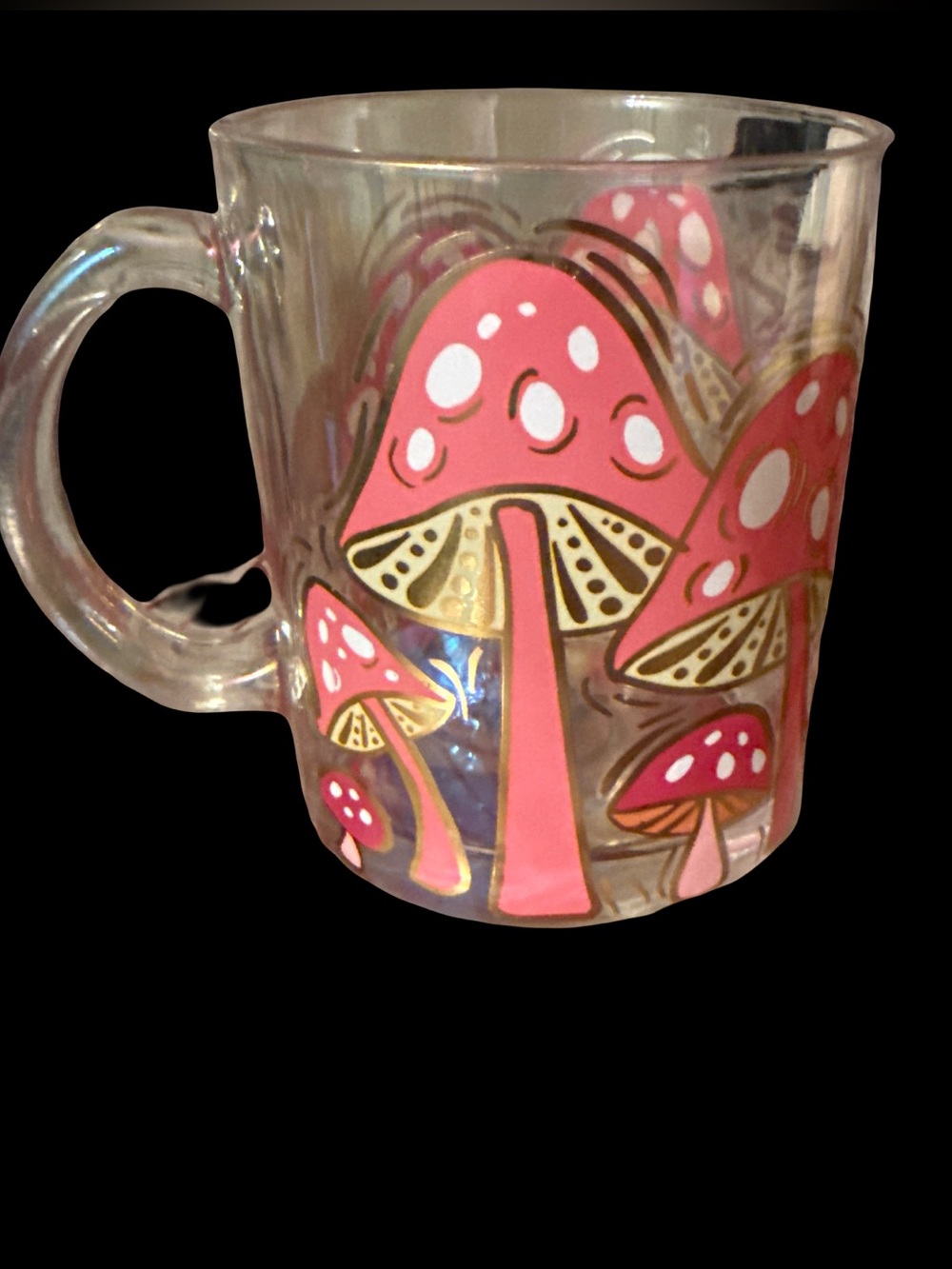 Pink Mushroom Glass Mug with Gold Accents